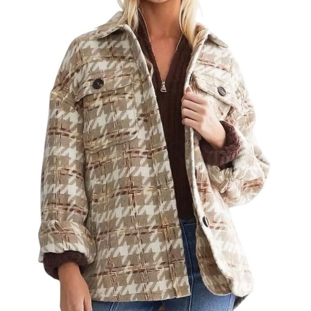 Listicle Taupe Multi Plaid Shacket Overshirt Jacket Neutral Cozy M